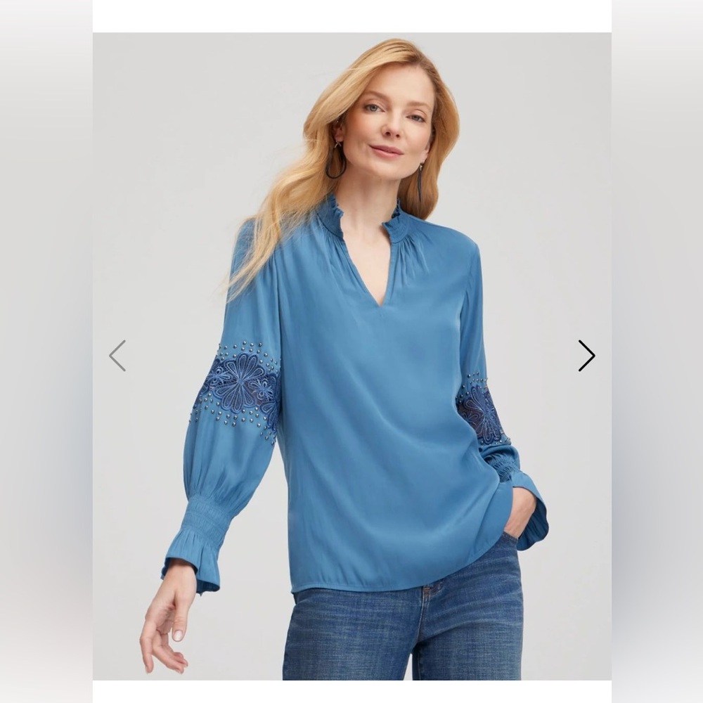 Chicos Womens Pullover Top Size 0 Us 4 Peacock Blue Beaded Embroidered V Neck‎